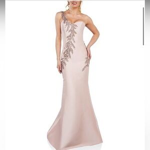 Terani Couture One-Shoulder Blush Pink Evening Gown with Metallic Embellishment